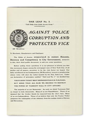 (NEW YORK CITY.) Bound volume of Order of Acorns anti-corruption pamphlets, featuring one by Mark Twain.